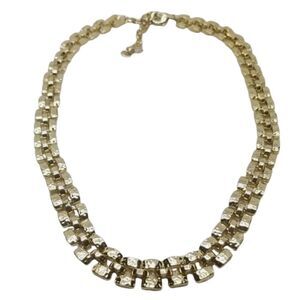 Gold Tone Necklace Rectangle Three Rows Link Necklace